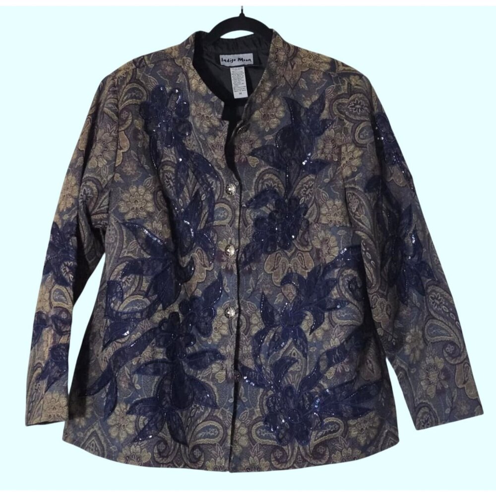 Indigo Moon Size XL Floral Paisley Embroidered Button-Up Jacket Sequins Tapestry
